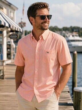 American Living Men's XL Peach Gingham Short Sleeve Button Down Shirt Cotton